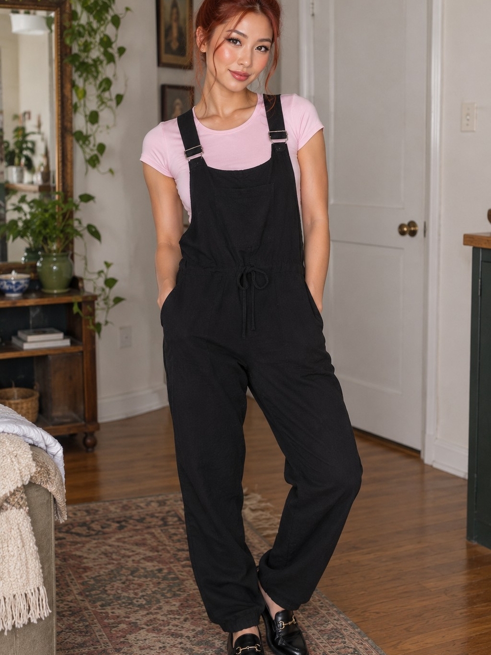 Women’s Black Relaxed Overalls Jumpsuit - Pink Tee Styling